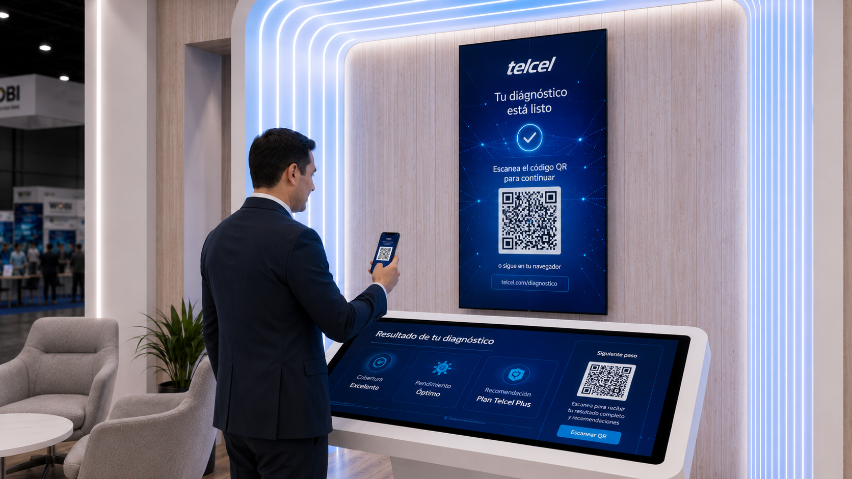 Pantalla de diagnóstico con QR en el stand Telcel