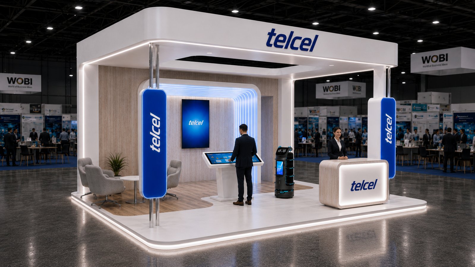 Vista frontal: cascarón blanco, copete Telcel, túnel, mesa touch, sala y robot de servicio.