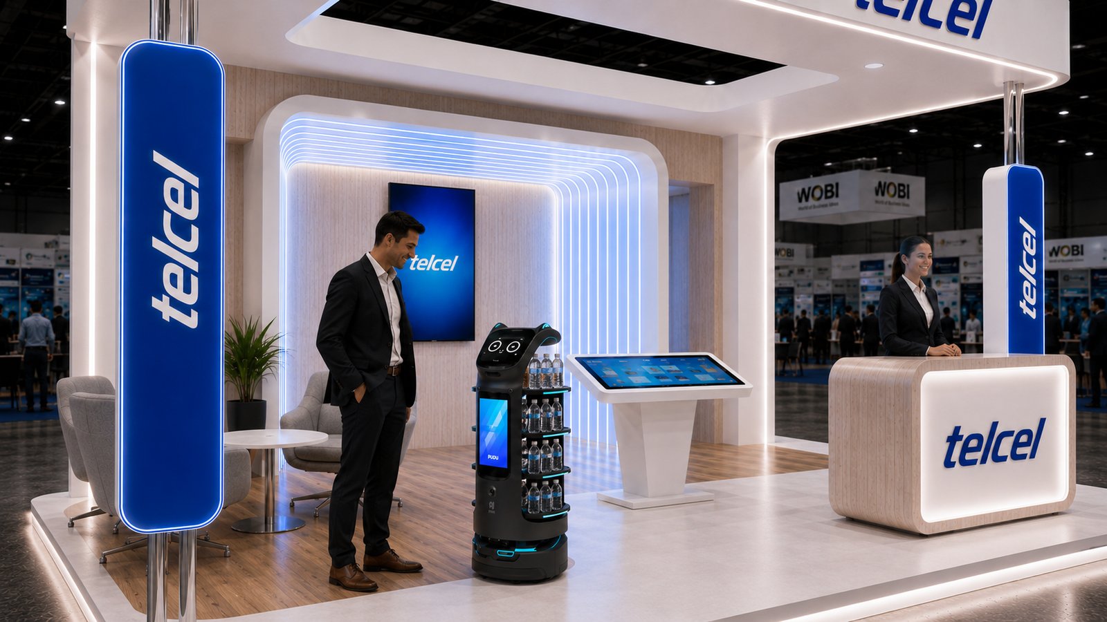 Robot de servicio Pudu con aguas en el stand