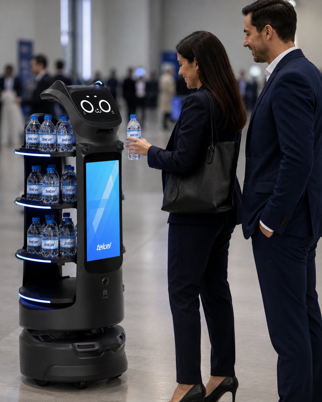 Robot de servicio acompañando con aguas