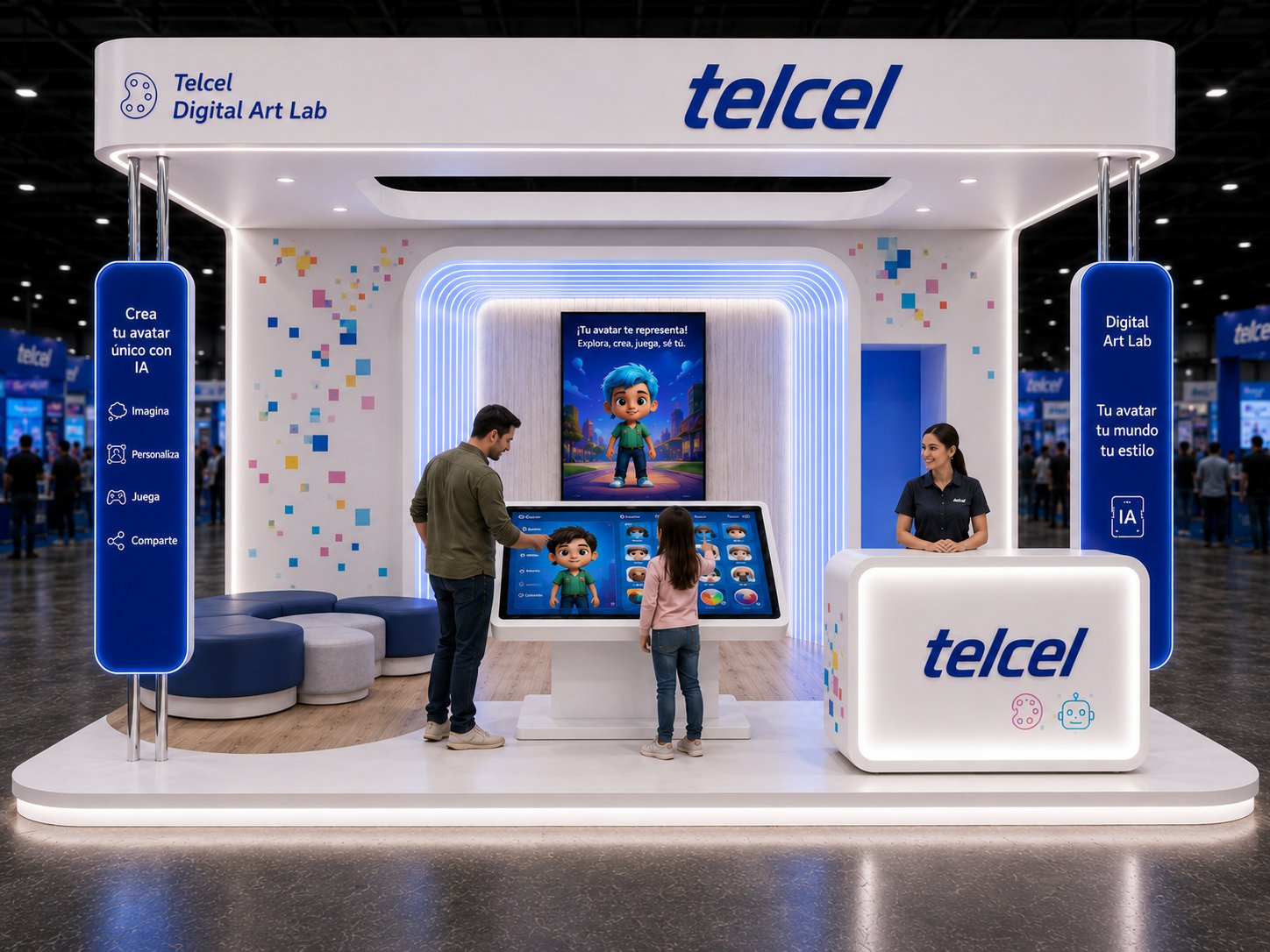 Distribución: tótems, mesa touch, pantalla vertical, counter y zona de espera familiar.